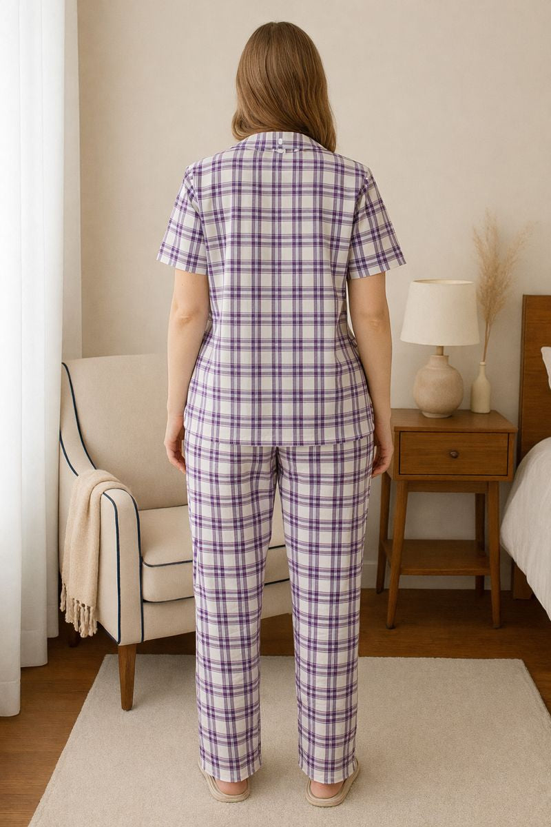 Women’s Check Cotton Pajama Set – Short Sleeve Button-Down Top & Full Length Pants